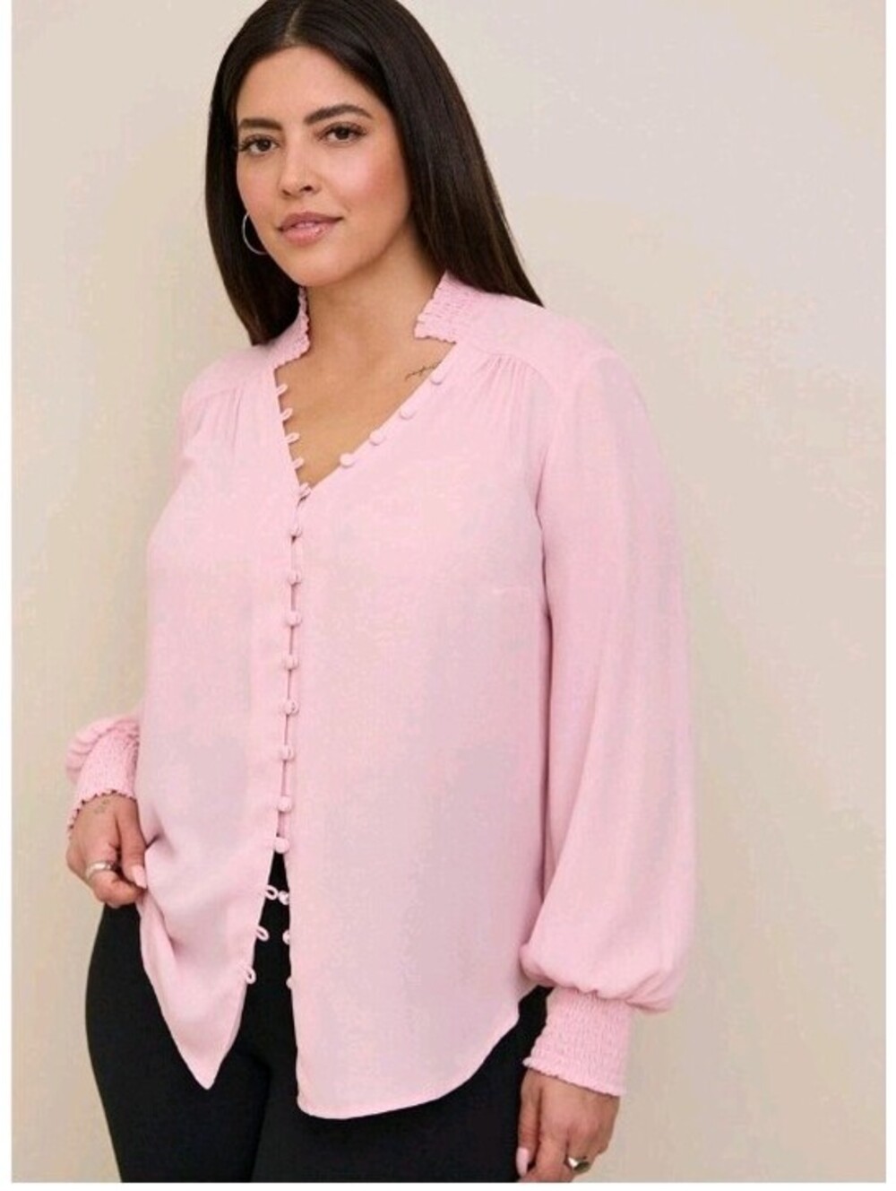 Georgette Button Front Smocked Collar Long Sleeve Blouse Size 4